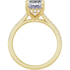 Emerald Cut Solitaire Diamond Pavé Engagement Ring with Hidden Halo - Set in 14k Gold