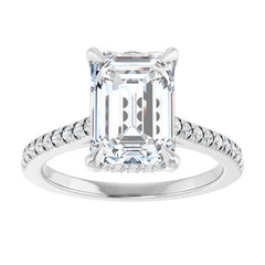 Emerald Cut Solitaire Diamond Pavé Engagement Ring with Hidden Halo - Set in 14k Gold