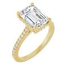 Emerald Cut Solitaire Diamond Pavé Engagement Ring with Hidden Halo - Set in 14k Gold