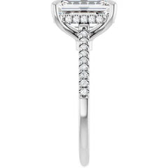 Emerald Cut Solitaire Diamond Pavé Engagement Ring with Hidden Halo - Set in 14k Gold