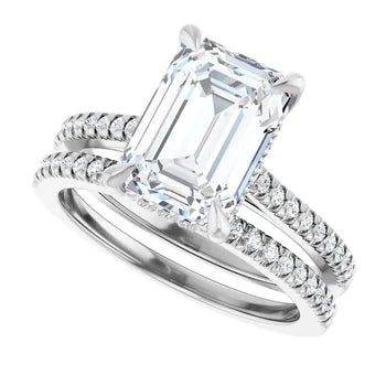14K White Gold Emerald-Cut Solitaire Diamond Pavé Engagement Ring with Hidden Halo - SAW10004