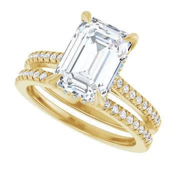 14K White Gold Emerald-Cut Solitaire Diamond Pavé Engagement Ring with Hidden Halo - SAW10004