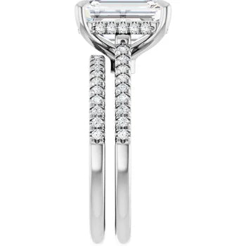 14K White Gold Emerald-Cut Solitaire Diamond Pavé Engagement Ring with Hidden Halo - SAW10004