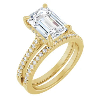 14K White Gold Emerald-Cut Solitaire Diamond Pavé Engagement Ring with Hidden Halo - SAW10004