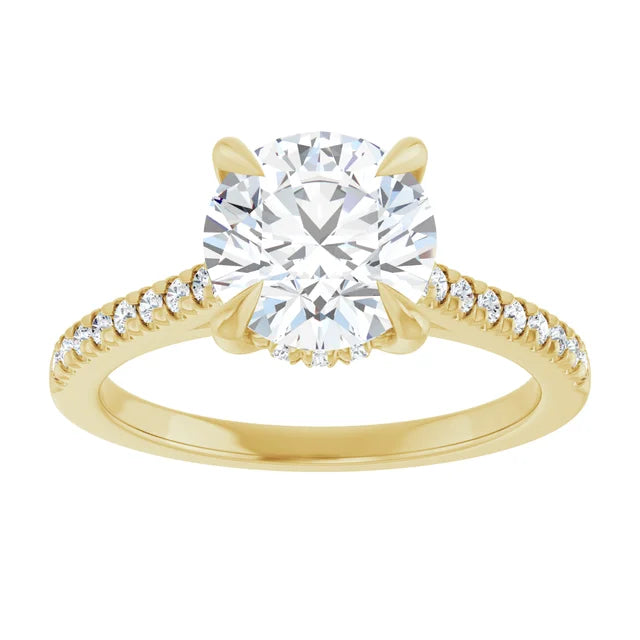 Round Cut Solitaire Diamond with Hidden Halo with Matching Pave Wedding Band Set on 14k Gold