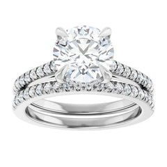 Round Cut Solitaire Diamond with Hidden Halo with Matching Pave Wedding Band Set on 14k Gold