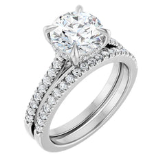 Round Cut Solitaire Diamond with Hidden Halo with Matching Pave Wedding Band Set on 14k Gold