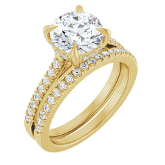 Round Cut Solitaire Diamond with Hidden Halo with Matching Pave Wedding Band Set on 14k Gold