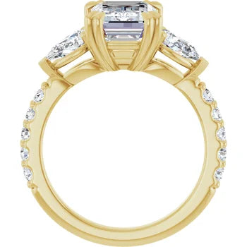 Emerald Cut and Pear Side Stone Diamond Engagement Ring Set on 14k Gold