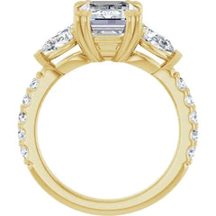 Emerald Cut and Pear Side Stone Diamond Engagement Ring Set on 14k Gold