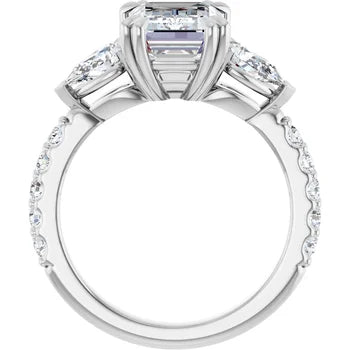 Emerald Cut and Pear Side Stone Diamond Engagement Ring Set on 14k Gold