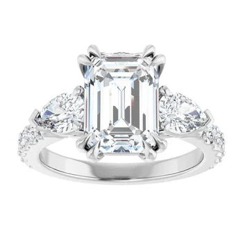 Emerald Cut and Pear Side Stone Diamond Engagement Ring Set on 14k Gold