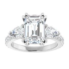 Emerald Cut and Pear Side Stone Diamond Engagement Ring Set on 14k Gold