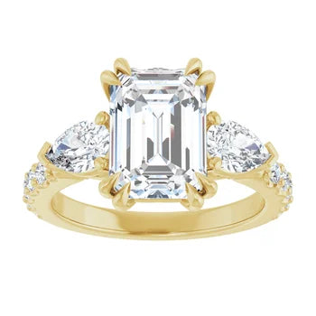Emerald Cut and Pear Side Stone Diamond Engagement Ring Set on 14k Gold