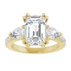 Emerald Cut and Pear Side Stone Diamond Engagement Ring Set on 14k Gold