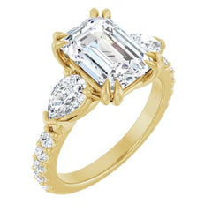 Emerald Cut and Pear Side Stone Diamond Engagement Ring Set on 14k Gold