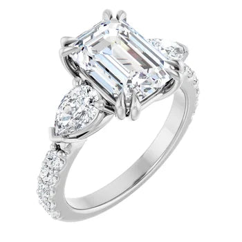 Emerald Cut and Pear Side Stone Diamond Engagement Ring Set on 14k Gold