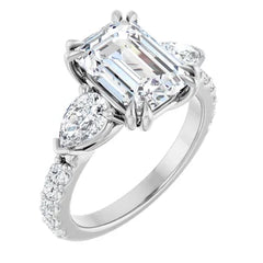 Emerald Cut and Pear Side Stone Diamond Engagement Ring Set on 14k Gold