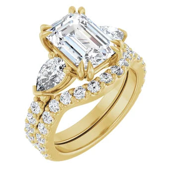 Emerald Cut and Pear Side Stone Diamond Engagement Ring Set on 14k Gold - SAW10020