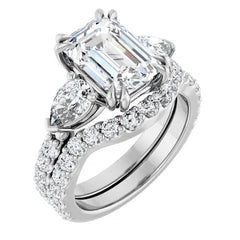 Emerald Cut and Pear Side Stone Diamond Engagement Ring Set on 14k Gold