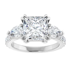 Princess Cut and Pear Diamond Three Stone Engagment Ring - Set on 14k Gold