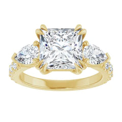Princess Cut and Pear Diamond Three Stone Engagment Ring - Set on 14k Gold