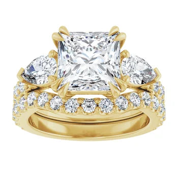 Princess Cut and Pear Diamond Three Stone Engagment Ring - Set on 14k Gold - SAW10021