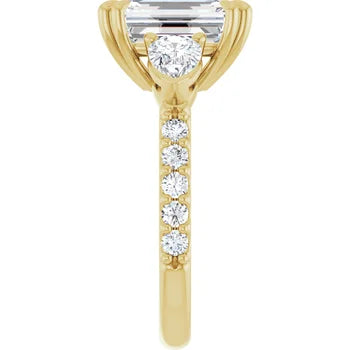 Emerald Cut and Pear Side Stone Diamond Engagement Ring Set on 14k Gold