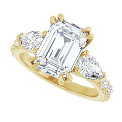 Emerald Cut and Pear Side Stone Diamond Engagement Ring Set on 14k Gold