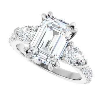 Emerald Cut and Pear Side Stone Diamond Engagement Ring Set on 14k Gold
