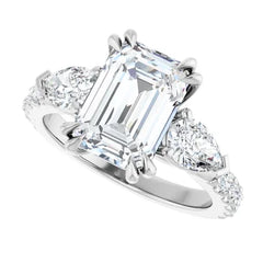 Emerald Cut and Pear Side Stone Diamond Engagement Ring Set on 14k Gold