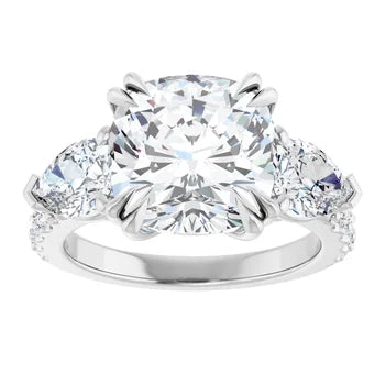 Cushion Cut and Pear Side Stone Diamond Three Stone Wedding Set with Matching Contour Pave Band - Set on 14k Gold