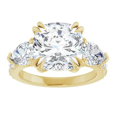 Cushion Cut and Pear Side Stone Diamond Three Stone Wedding Set with Matching Contour Pave Band - Set on 14k Gold