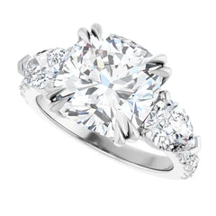 Cushion Cut and Pear Side Stone Diamond Three Stone Wedding Set with Matching Contour Pave Band - Set on 14k Gold