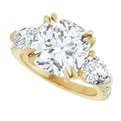 Cushion Cut and Pear Side Stone Diamond Three Stone Wedding Set with Matching Contour Pave Band - Set on 14k Gold