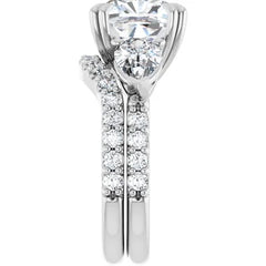 Cushion Cut and Pear Side Stone Diamond Three Stone Wedding Set with Matching Contour Pave Band - Set on 14k Gold