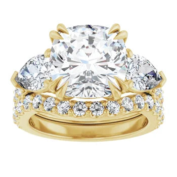 Cushion Cut and Pear Side Stone Diamond Three Stone Wedding Set with Matching Contour Pave Band - Set on 14k Gold