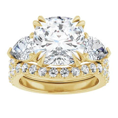 Cushion Cut and Pear Side Stone Diamond Three Stone Wedding Set with Matching Contour Pave Band - Set on 14k Gold