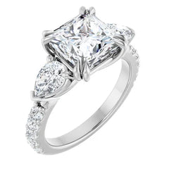 Princess Cut and Pear Diamond Three Stone Engagment Ring - Set on 14k Gold