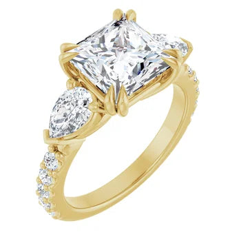 Princess Cut and Pear Diamond Three Stone Engagment Ring - Set on 14k Gold