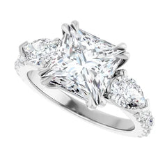 Princess Cut and Pear Diamond Three Stone Engagment Ring - Set on 14k Gold