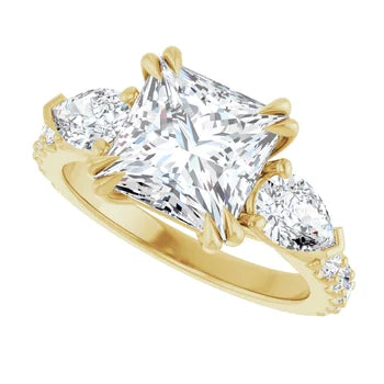 Princess Cut and Pear Diamond Three Stone Engagment Ring - Set on 14k Gold