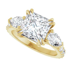 Princess Cut and Pear Diamond Three Stone Engagment Ring - Set on 14k Gold
