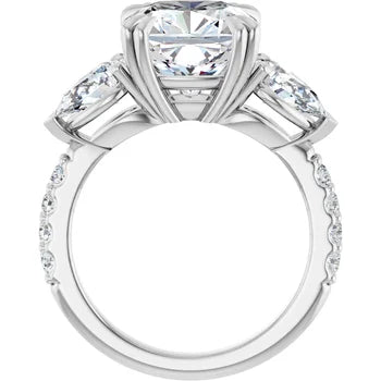 Cushion Cut and Pear Side Stone Diamond Three Stone Wedding Set with Matching Contour Pave Band - Set on 14k Gold