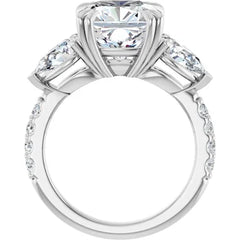 Cushion Cut and Pear Side Stone Diamond Three Stone Wedding Set with Matching Contour Pave Band - Set on 14k Gold