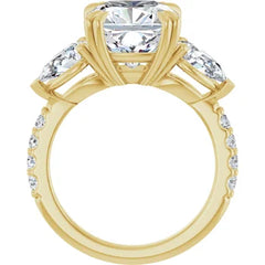 Cushion Cut and Pear Side Stone Diamond Three Stone Wedding Set with Matching Contour Pave Band - Set on 14k Gold