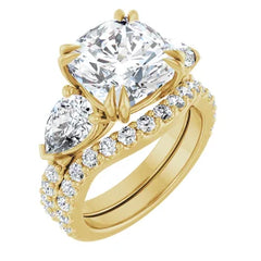 Cushion Cut and Pear Side Stone Diamond Three Stone Wedding Set with Matching Contour Pave Band - Set on 14k Gold