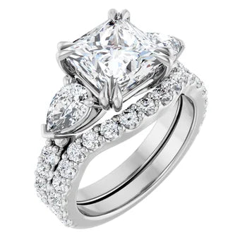 Princess Cut and Pear Diamond Three Stone Engagment Ring - Set on 14k Gold - SAW10021