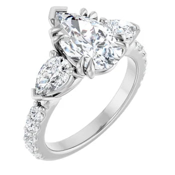 Pear Shaped Diamond Three Stone Engagement Ring - Set on 14k Gold