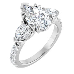 Pear Shaped Diamond Three Stone Engagement Ring - Set on 14k Gold